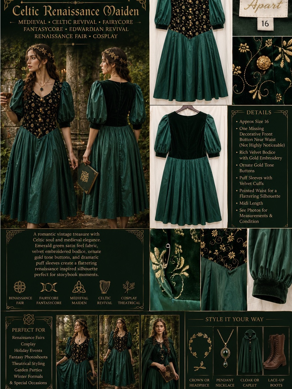 VTG Apart Celtic Renaissance Fairycore Velvet Medieval Maiden Dress